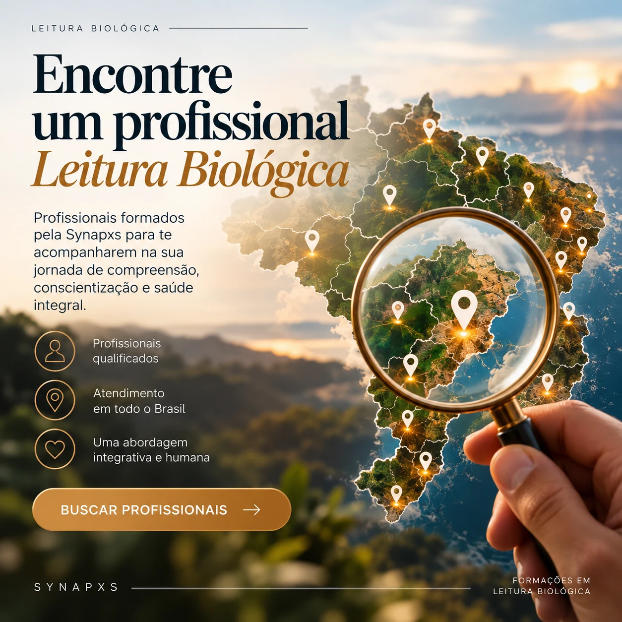 Encontre profissionais de Leitura Biológica pelo Brasil — mapa ilustrado com pontos de localização